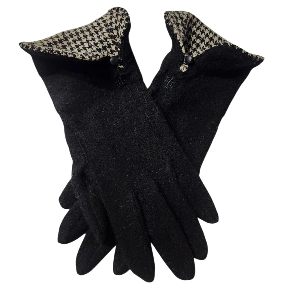Lauren Ralph Lauren Wool & Cashmere Black Checked Gloves Size Small